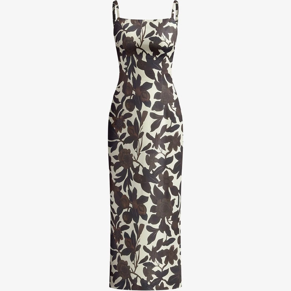 Floral Print Cream and Dark Brown Spaghetti Strap Midi Dress